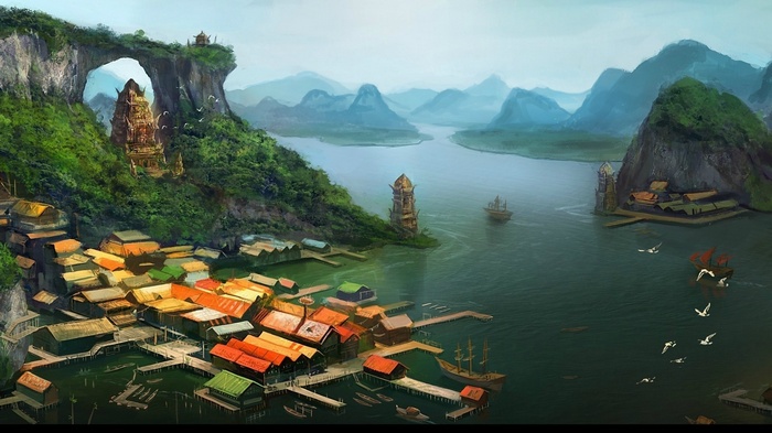 Fantasy village with Asian architecture and mountains