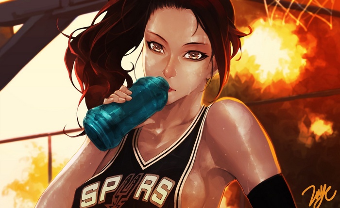 Woman in San Antonio Spurs jersey drinking water