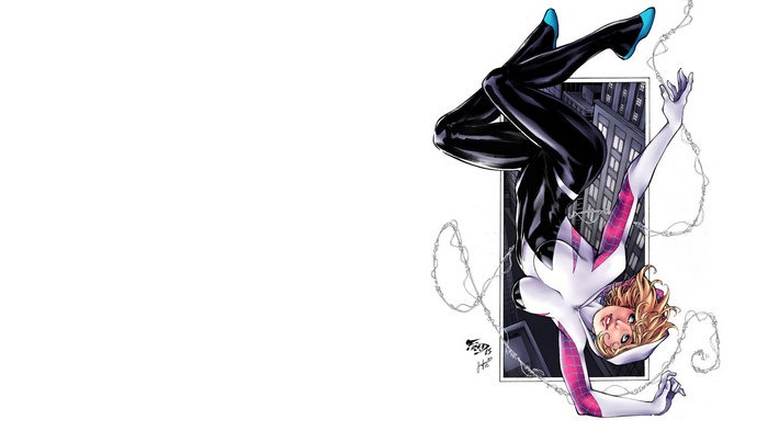 Spider-Gwen hanging upside down in a city