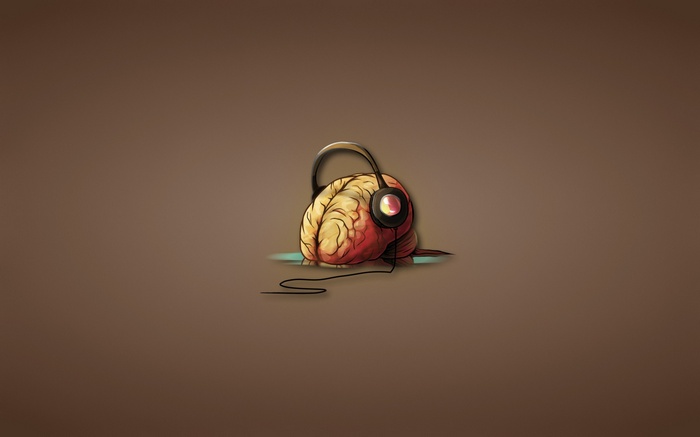 Brain with headphones on simple background