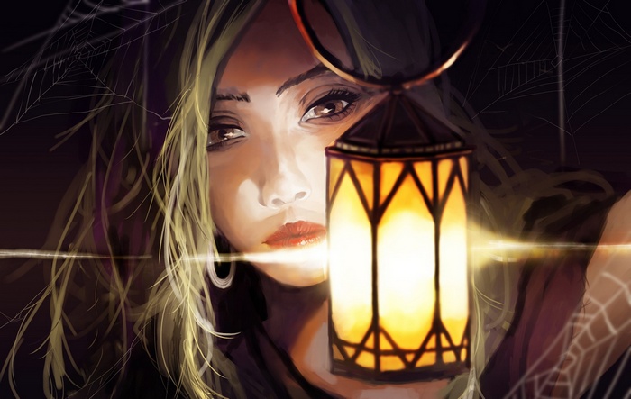 Painting of a woman holding a lantern