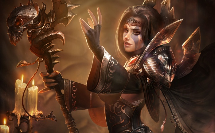 Fantasy art of a sorceress with a skull staff