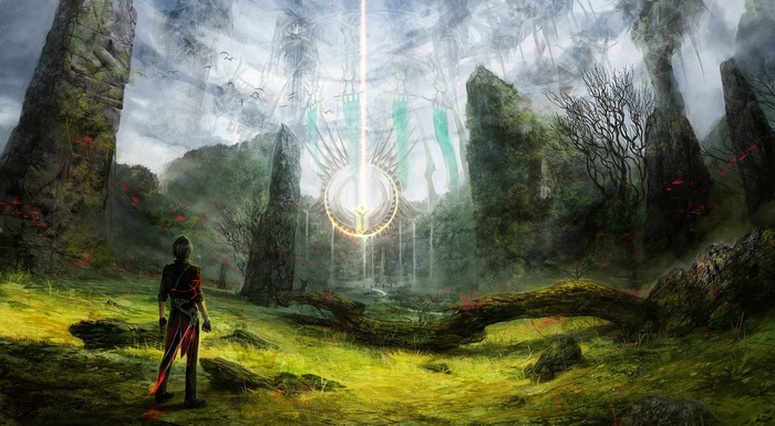 Fantasy landscape with ancient stone structures and a glowing portal