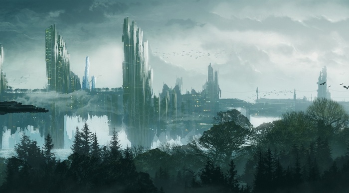 Futuristic city landscape with reflections in water