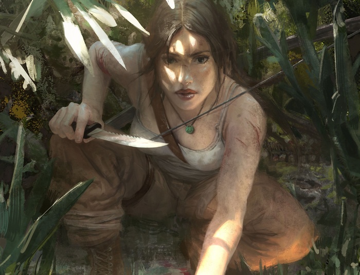 Lara Croft in a jungle with a knife