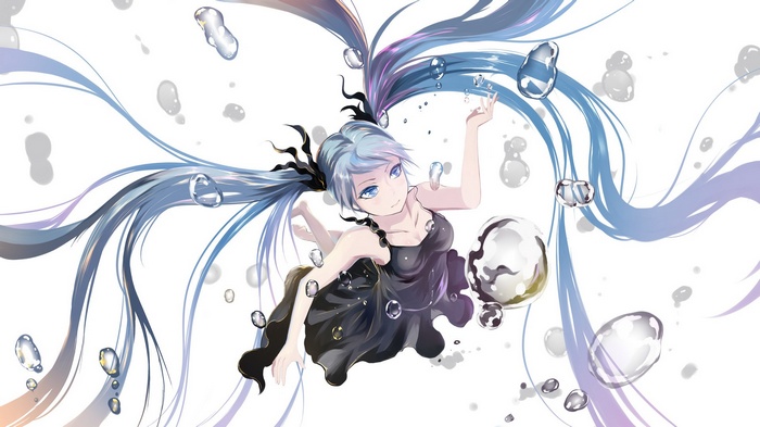 Hatsune Miku in a black dress surrounded by bubbles