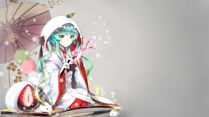 Yuki Miku in Kimono with Strawberry Daifuku and Umbrella