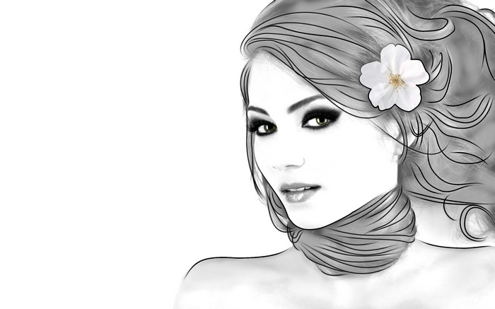 Woman with flower in hair and dramatic makeup