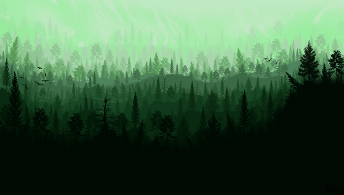 Artwork of a dense forest with birds flying