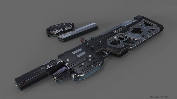 Futuristic weapon with attachments