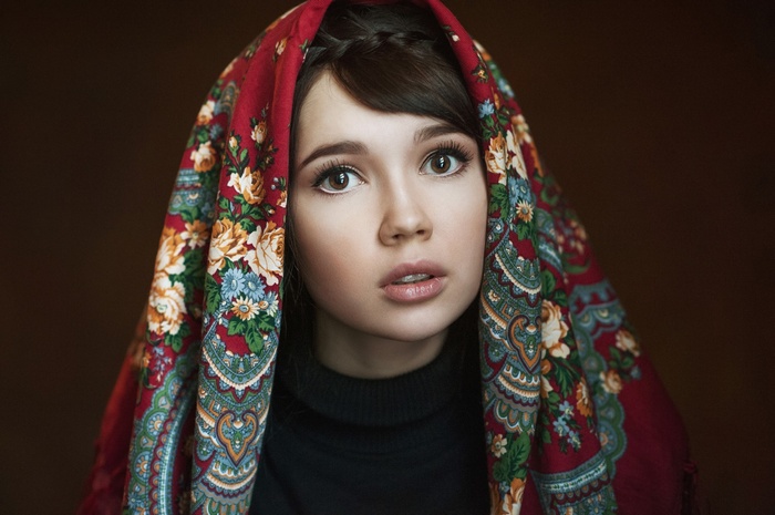 Portrait of Ekaterina Ermakova with a floral headscarf
