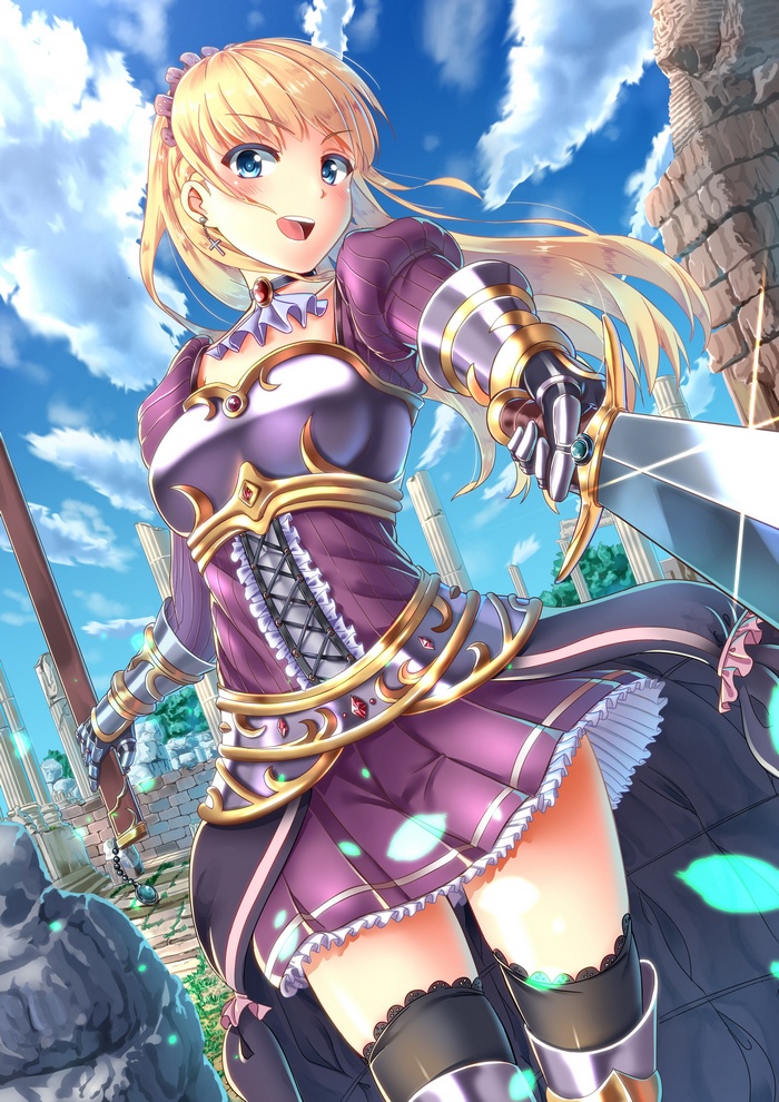 Anime Girl in Purple Armor Holding a Sword