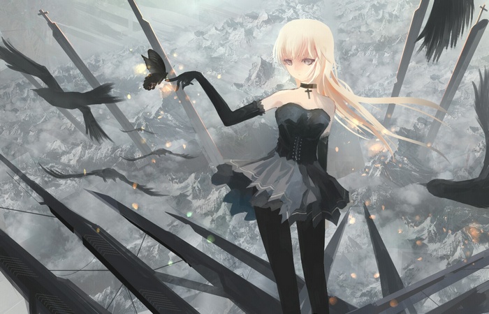 Anime Girl with Butterfly and Crows