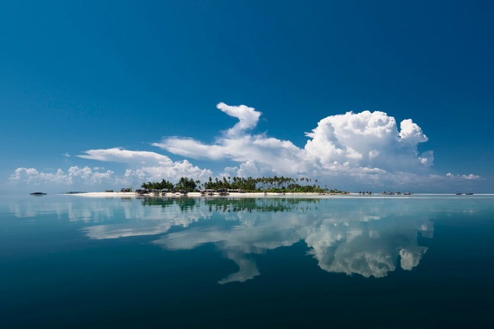 Island with palm trees and reflection in the sea