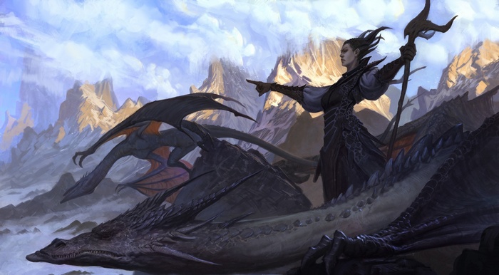 Fantasy artwork of a woman and dragons in mountains