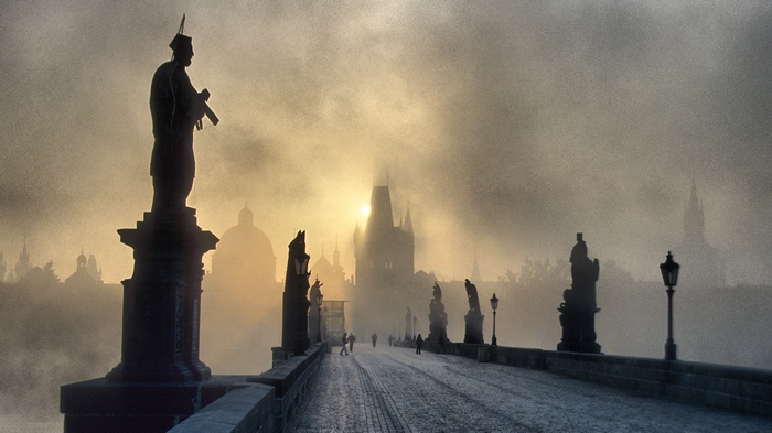 Charles Bridge in Prague shrouded in mist