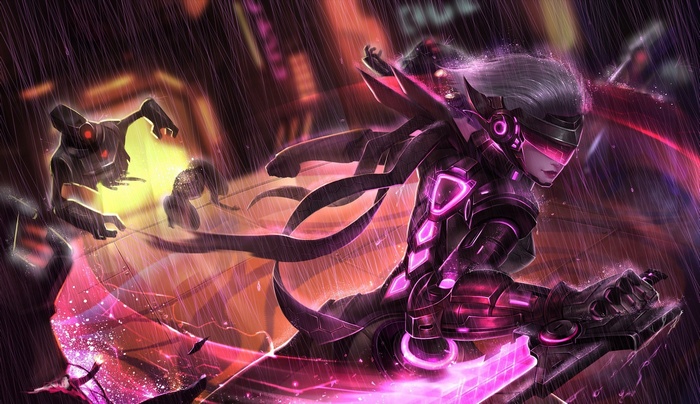 Fiora from League of Legends in a rainy city