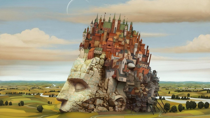 Jacek Yerka's surreal landscape with a city on a face