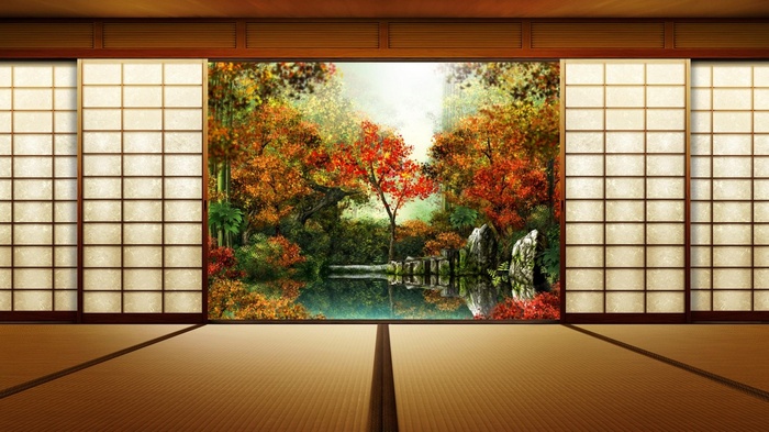 Traditional Japanese room with a view of an autumn garden