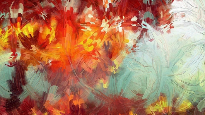 Abstract painting with red, orange, and teal brushstrokes