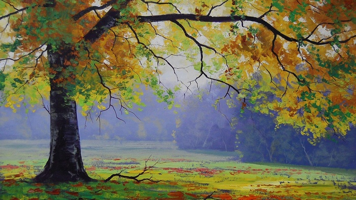 Painting of a large tree in autumn