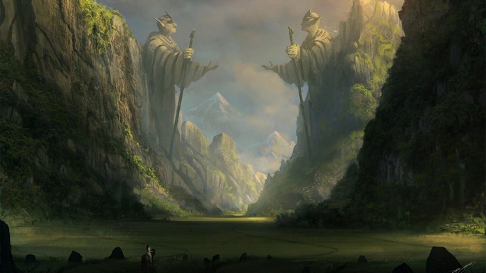 Fantasy art of giant statues in a mountain valley
