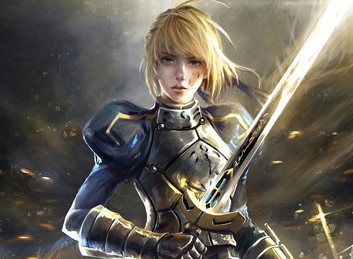 Saber from Fate Series holding a glowing sword