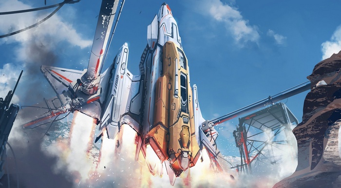 Halo spaceship launching from a rocky platform