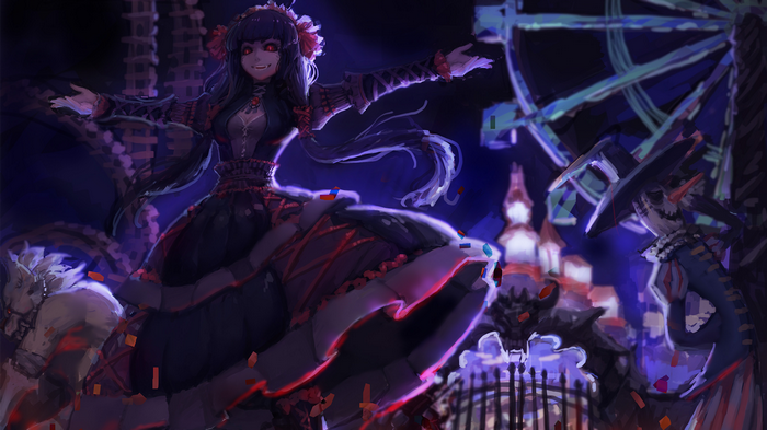 Anime girl in lolita fashion at a carnival