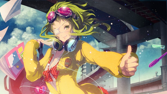 Megpoid Gumi giving a thumbs up with headphones