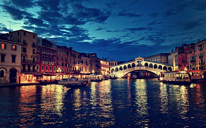 Rialto Bridge and Grand Canal in Venice at Night