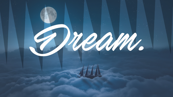 Dream text over a ship sailing on clouds at night