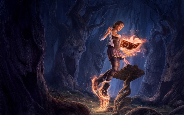 Girl reading a magical book in a dark forest