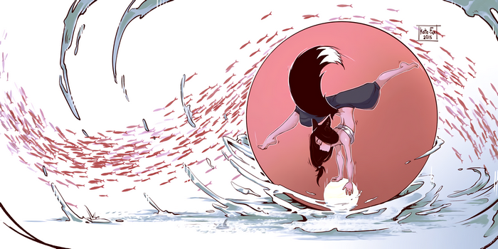 Girl with animal ears and a fox tail balancing