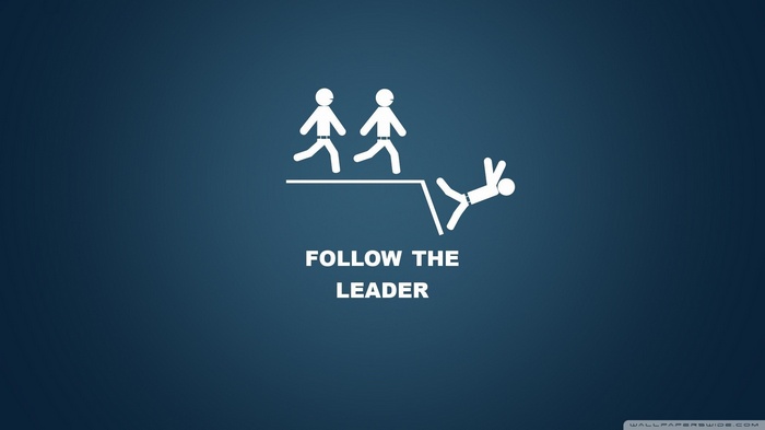 Stick figures follow a leader off a cliff