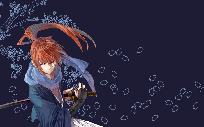 Himura Kenshin with Katana and Cherry Blossoms