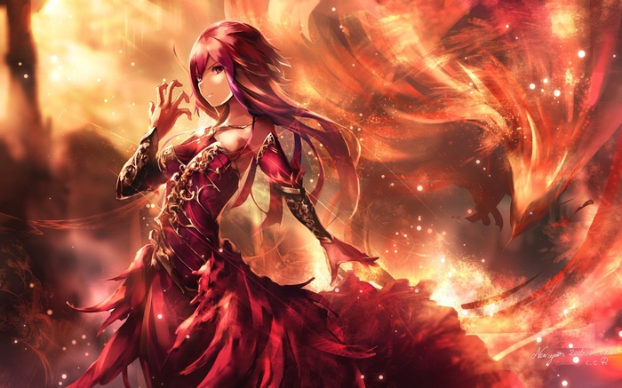 Anime girl in a red dress with a phoenix