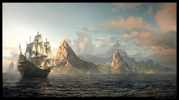 Artwork of a ship sailing near a mountainous island landscape