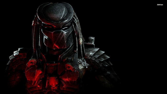 Predator in dark armor with red lighting