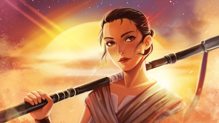 Rey from Star Wars holding a staff