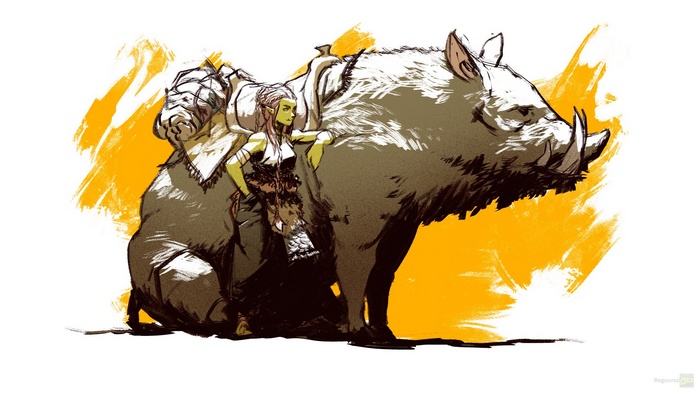 Fantasy art of an elf woman with a boar