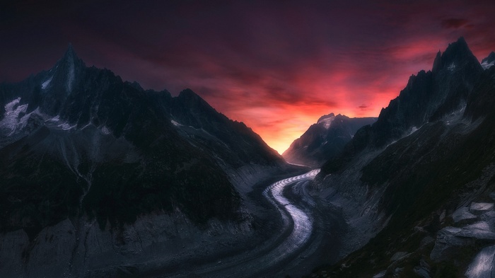 Sunset over a glacier in the Alps, France
