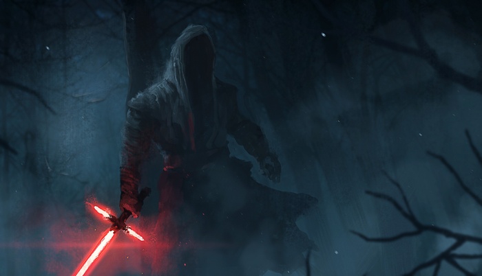 Kylo Ren with Red Lightsaber in Dark Forest