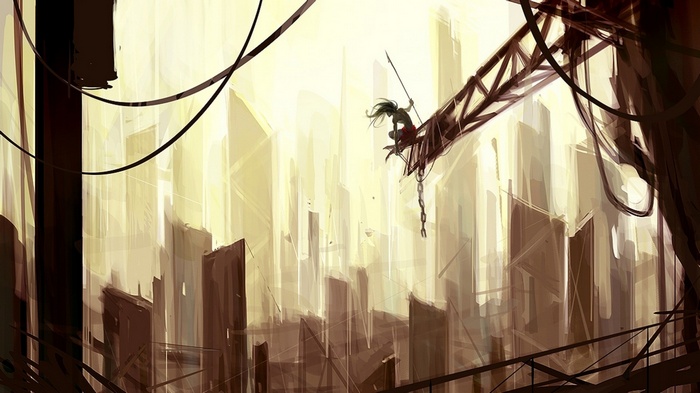 Fantasy art of a person on a crane overlooking a city