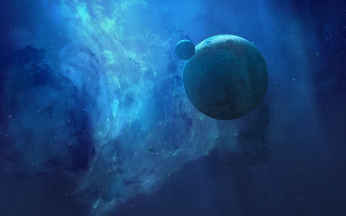 Blue planets and nebula in deep space