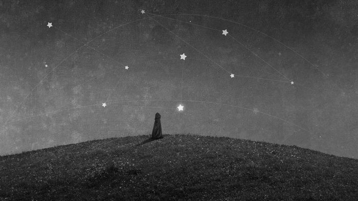 Figure in a cloak under a starry sky