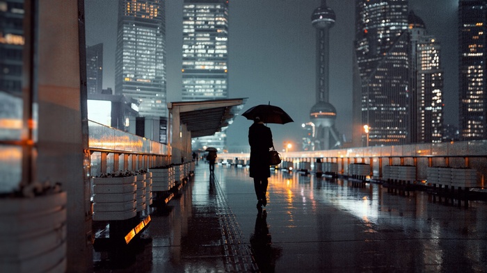 Person with umbrella walking on wet city street at night