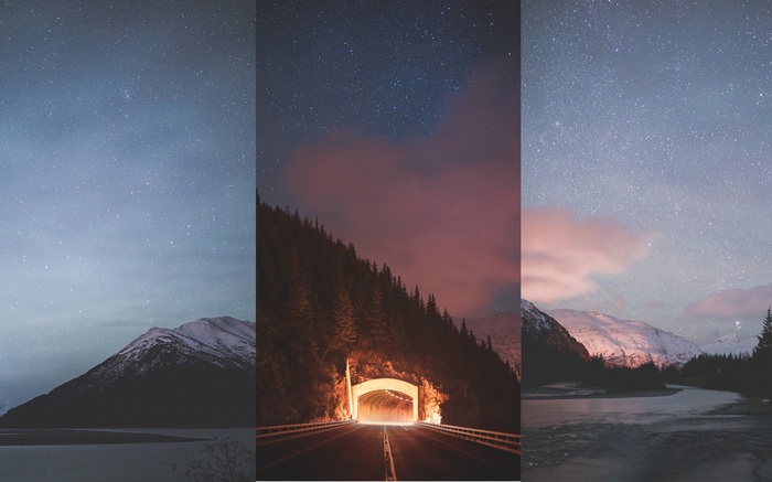 Night landscape with mountains, stars, and a tunnel in Alaska