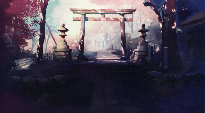 Anime shrine with torii gate and stone lanterns