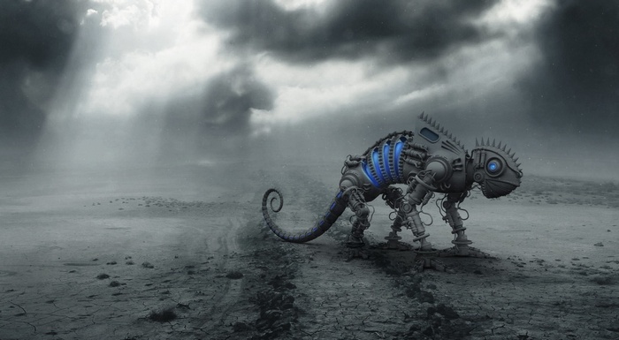 Mechanical Chameleon in a Desolate Landscape